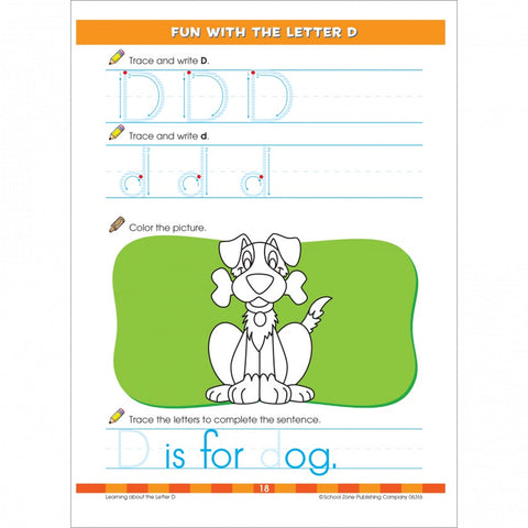 School Zone Big Kindergarten Workbook sample page for Letter D
