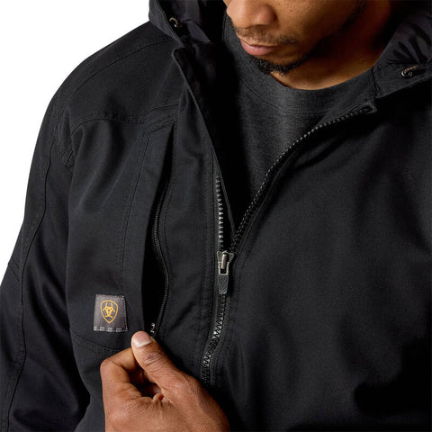 Ariat Men's Rebar Washed DuraCanvas Insulated Work Jacket in Black showing chest pocket detail