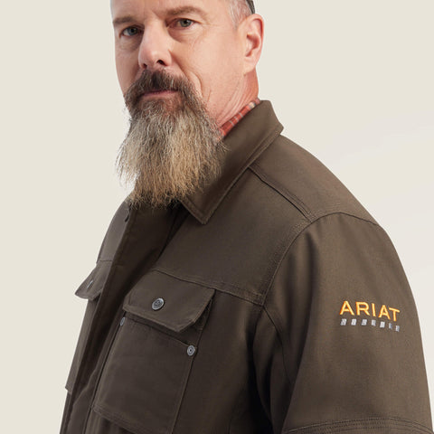 Ariat men's Rebar DuraCanvas Sherpa-Lined Coat showing logo at shoulder