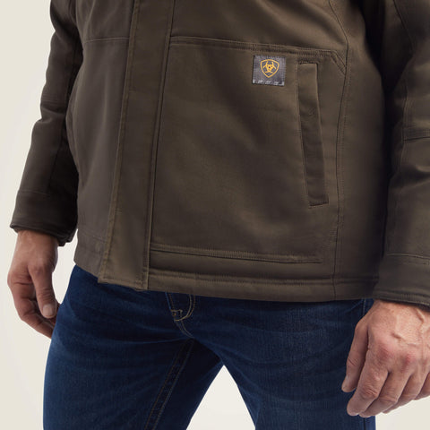 Ariat men's Rebar DuraCanvas Sherpa-Lined Coat showing front pockets & hem