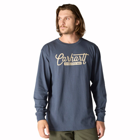 Carhartt men's loose fit script graphic long-sleeve tee 107040 in bluestone