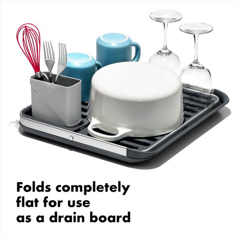 Aluminum Fold Flat Dish Rack folded down with dishes