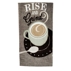 Rise & Grind Coffee Fiber Reactive Kitchen Towel: Cup of Coffee, Spoon, & Saucer with the Words "Rise and Grind"