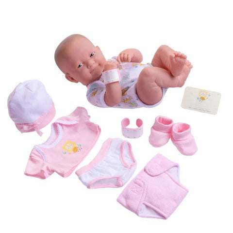 La Newborn Nursery 8 piece Layette Pink Baby Doll Gift Set 14 inch Lifelike Smiling Doll 18543 A & B