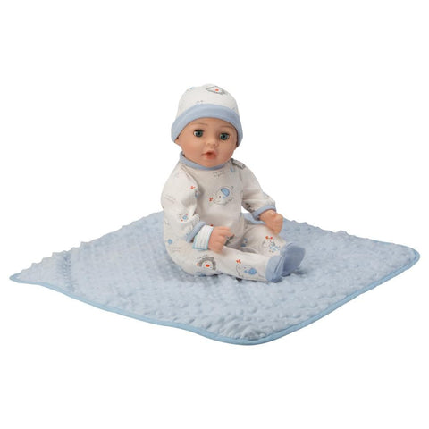 HANDSOME ADOPTION BOY DOLL sitting on blue blankets