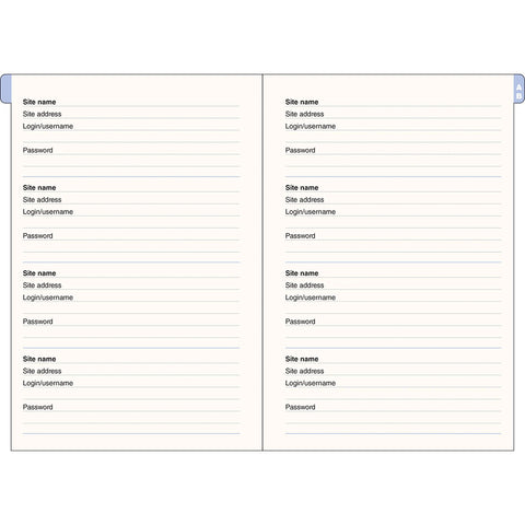 Sample Pages for Website Credentials: Site name, Site address, Login/username, Password