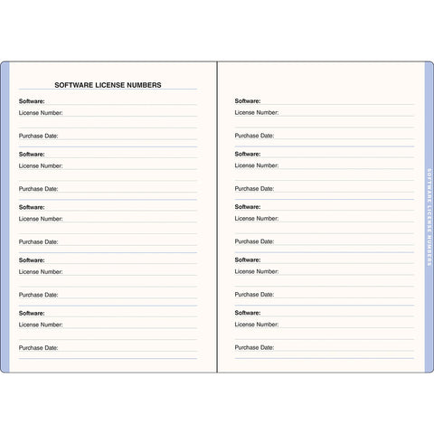 Sample Pages for Software License Numbers: Software, License Number, Purchase Date