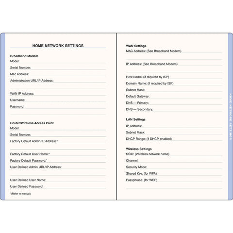 Sample Pages for Home Network Settings: Broadband Modem, Router/Wireless Access Point, WAN Settings, LAN Settings, Wireless Settings