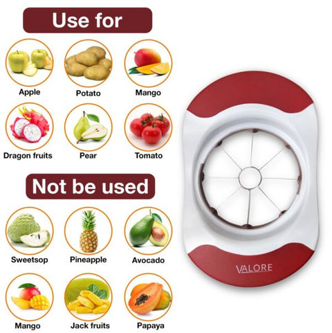 Valore Soft Grip 3-in-1 Slicer showing foods to slice and foods not to slice