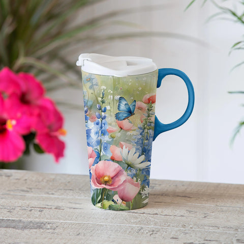 Cypress Home Wildflowers Ceramic Travel Cup on tabletop