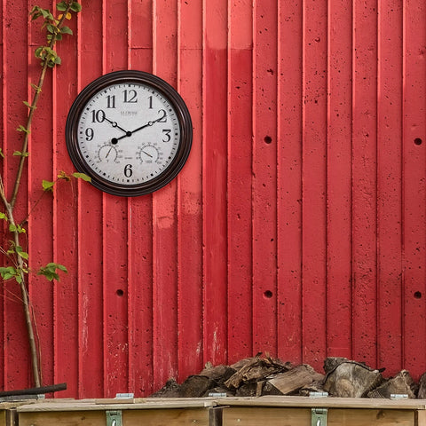 Indoor and Outdoor Wall Clock 404-3015 displayed on outdoor wall