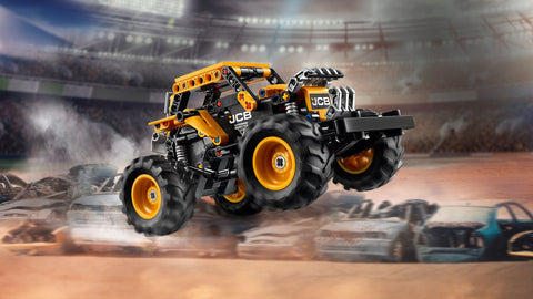LEGO Technic Monster Jam DIGatron Pull-Back Truck Toy 42199 against a background showing a monster truck rally