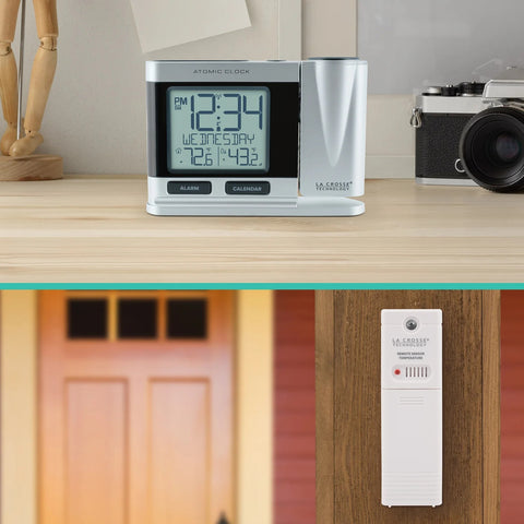 Silver Atomic Projection Alarm Clock 616-1410 with wireless outdoor temperature sensor