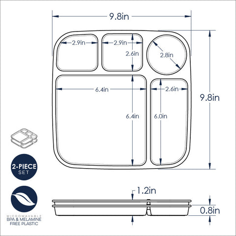 Dimensions of Each Section; 2-Piece Set; Microwavable BPA and Melamine Free Plastic