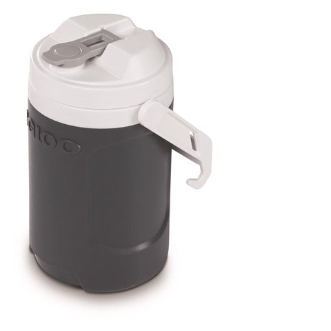 Igloo Latitude half gallon water cooler in charcoal color showing handle hooks