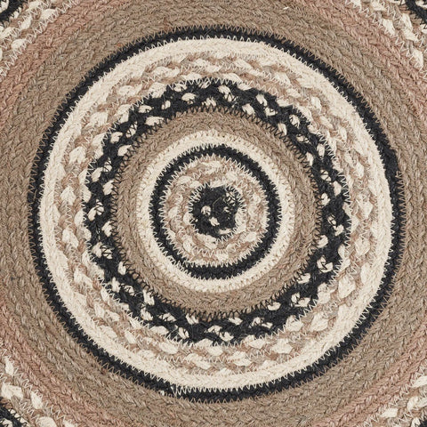 Closeup of Victorian Heart Sawyer Mill Charcoal Creme round Jute Chair Pad