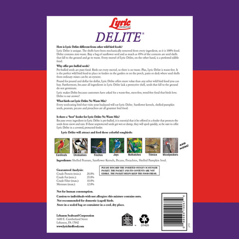 Delite No Waste Wild Bird Seed back of package