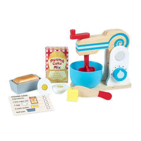 wooden mixer and pound cake