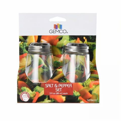 Clear/Sliver Glass Salt and Pepper Set 156-6 in package