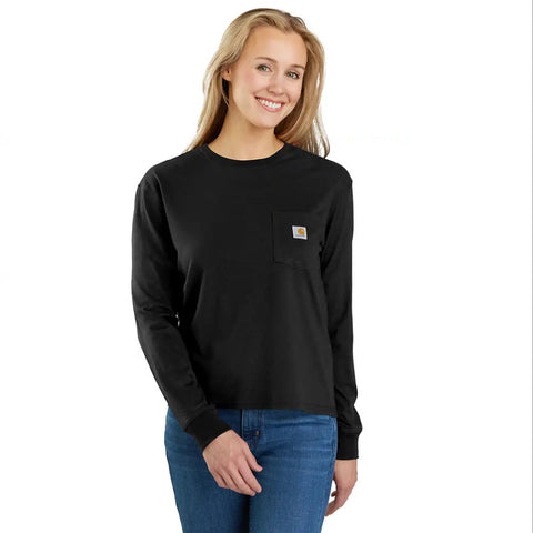 Black Women's Long-Sleeve Crewneck Pocket T-Shirt 106121