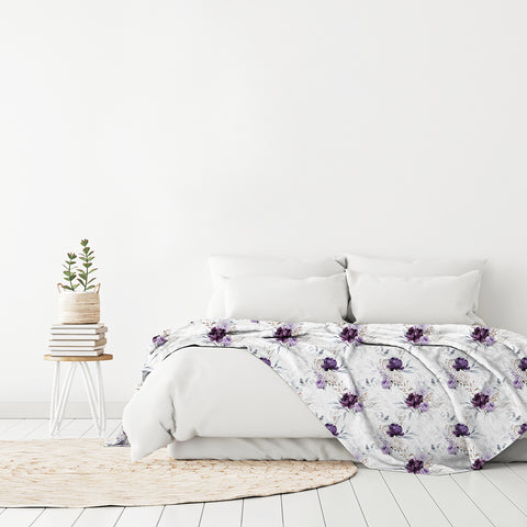 plum, Queen-sized Fleece Floral Printed Blanket CC60