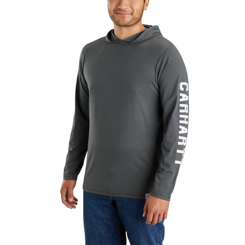 Carbon Heather Men's Force Relaxed Fit Long-Sleeve Logo Hooded T-Shirt 106654