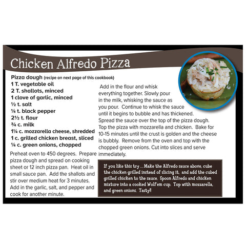 Chicken Alfredo Pizza recipe card from the Wolf 'em Camping Time Cookbook