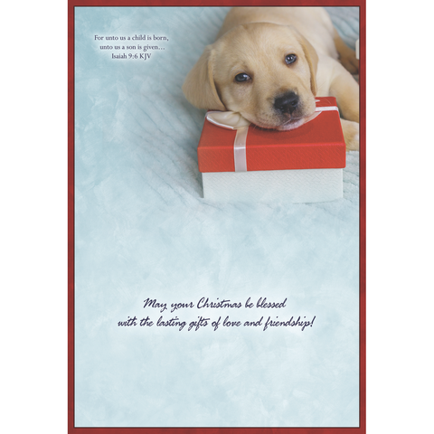 Family Treasures Christmas Pets greeting card showing dog with message