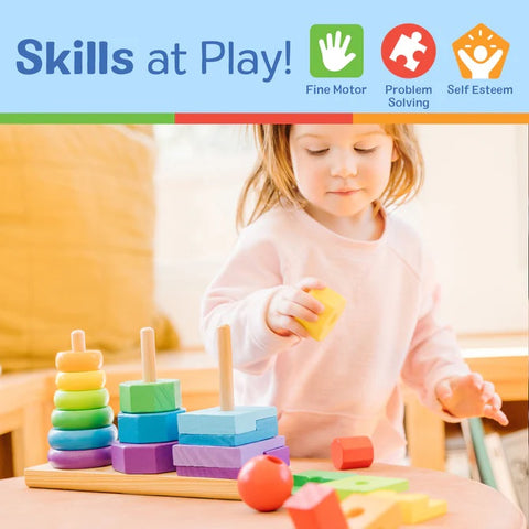 Girl playing with Geometric Stacker Toddler Toy 567 and using fine motor, problem-solving, and self-esteem skills