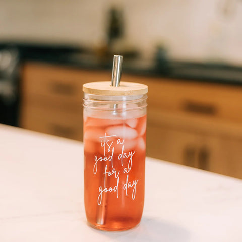 Grace & Joy Company glass cold brew tumbler with It's a Good Day design