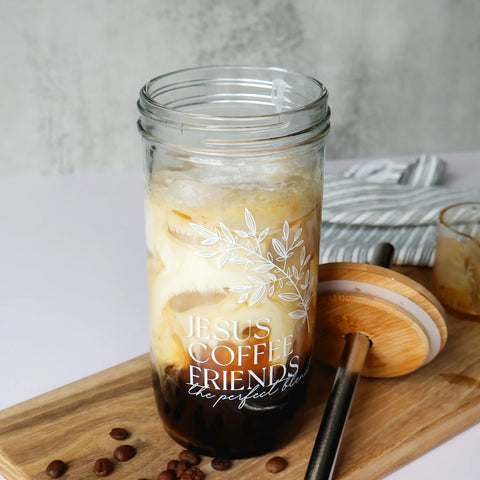 Grace & Joy Company glass cold brew tumbler with Jesus, Coffee, Friends design