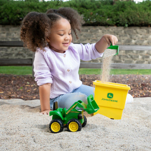 John Deere 3 Piece Construction Sand Box Set 47616 girl dumping sand in bucket