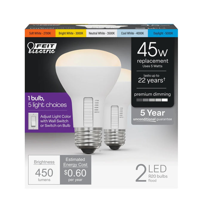 2-Pack 45W Selectable White R20 LED Light Bulbs R20DM/6WYCA/2