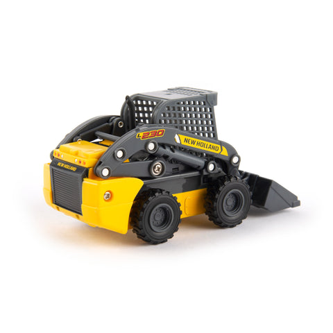 New Holland yellow and grey skid loader back view