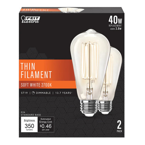 Soft White 2-Pack 40W ST19 LED Thin Filament Vintage Edison Light Bulbs ST1940