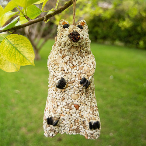 Mr. Bird Snow Bear seed cake hanging from a tree