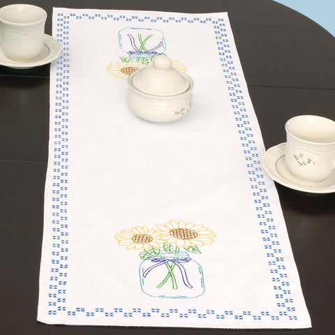 Sunflowers in Mason Jar Table Runner 560-716 Finished product