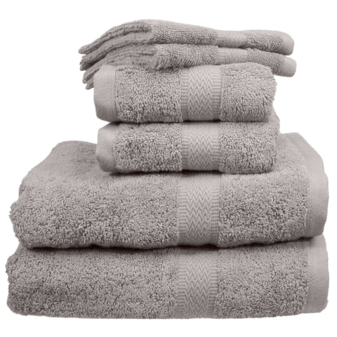 Gray bath towels, hand towels, and wash cloths.