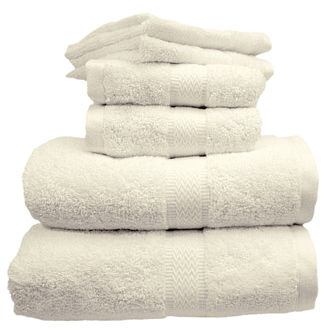 Ivory bath towels, hand towels, and washcloths.