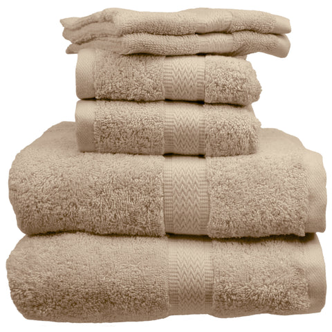 Taupe bath towels, hand towels, washcloths.