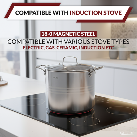 Valore 5 ply stainless steel stock pot on stove