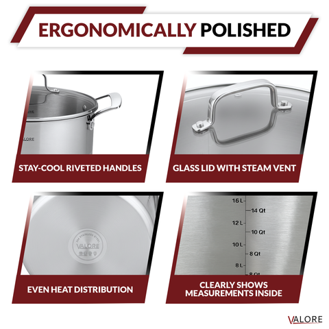 Features of Valore 5 ply stainless steel stock pot