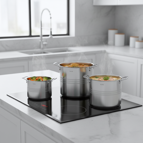 Set of 3 Valore 5-Ply Stainless Steel stock pots on stovetop