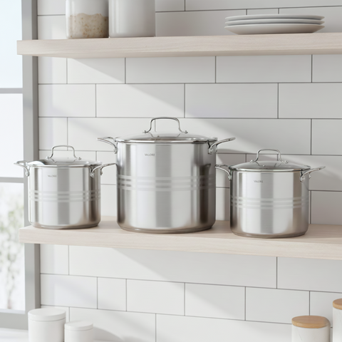Set of 3 Valore 5-Ply Stainless Steel stock pots on kitchen shelf