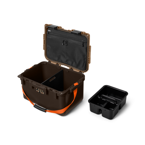 Yeti LoadOut GoBox 30 gear case in Wetlands Brown showing caddy