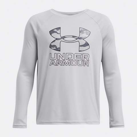 White Boys' UA Tech Hybrid Print Fill Long Sleeve Shirt 1380470
