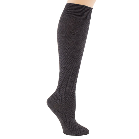 Women's charcoal grey knee sock, chevron pattern.