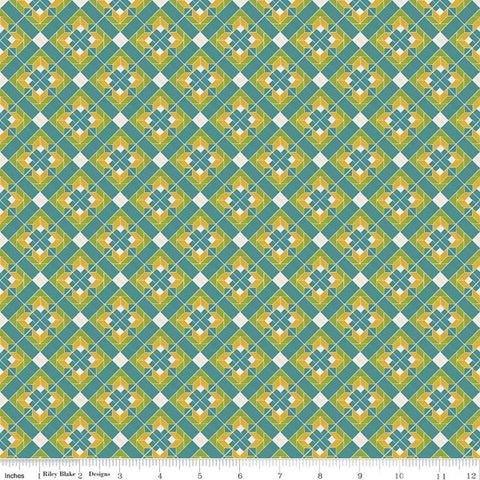 Aqua, Covered Bridges in Spring Collection Flower Block Cotton Fabric CD15822
