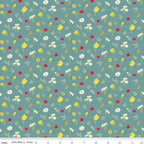 Aqua, Covered Bridges in Spring Collection Flowers Cotton Fabric CD15823