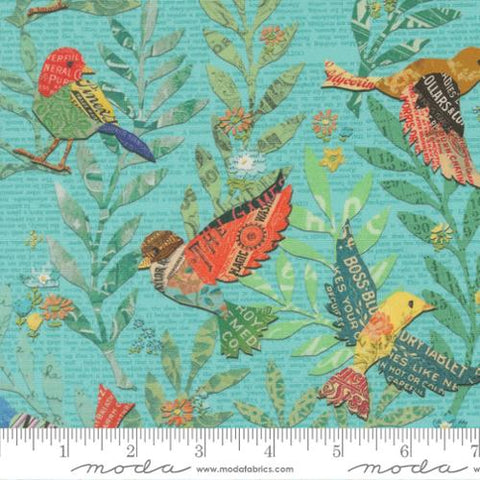 aqua, Paper Hamlet Collection Newspaper Birds Cotton Fabric 39560